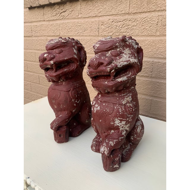 Chinoiserie Antique Chinoiserie Cast Stone Garden Foo Dog Statues, Pair For Sale - Image 3 of 9