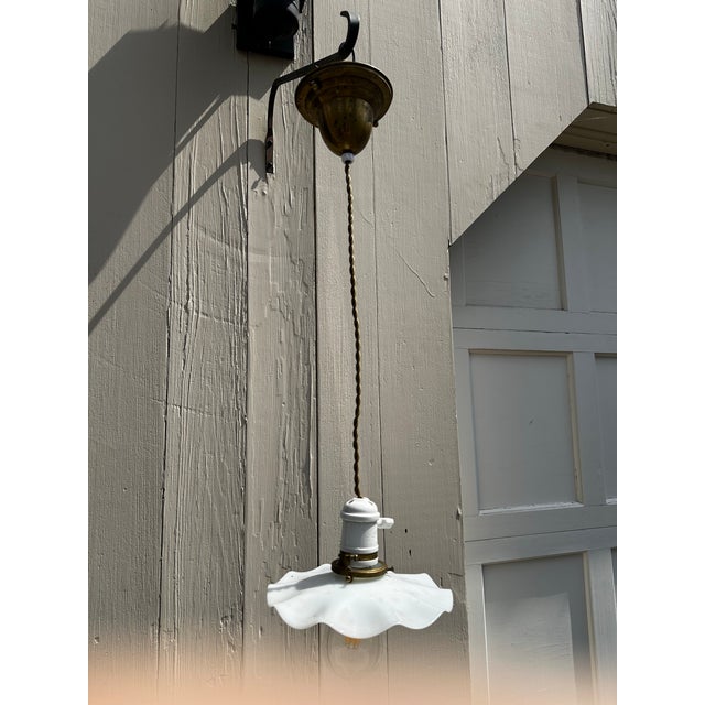 Vintage Knob and Tube Hanging Fixture With Vintage Ruffled Shade For Sale - Image 4 of 7