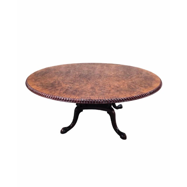Vintage English Burr Walnut Veneer Round Pedestal Table in the Antique Style With Claw Feet For Sale - Image 4 of 9