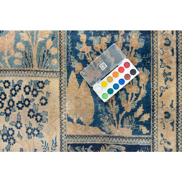 Textile 1900s Antique Navy Tan Distressed Indo Kashan Botanical Animal Allover Design Hand-Knotted Wool Low Pile Rug - 9’8“ X 12’ For Sale - Image 7 of 12