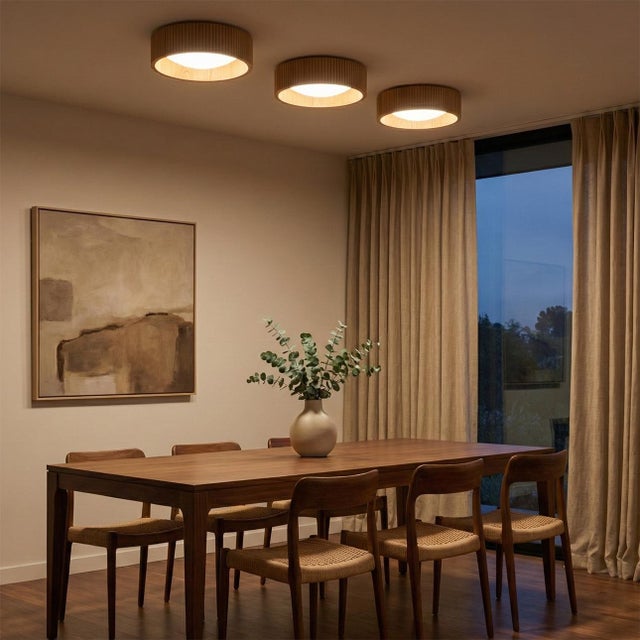 Mid-Century Modern 1980s Tambo 14" Flush Mount Ceiling Light - Acrylic Diffuser, Natural Ash, Weathered Brass, Dimmable For Sale - Image 3 of 7