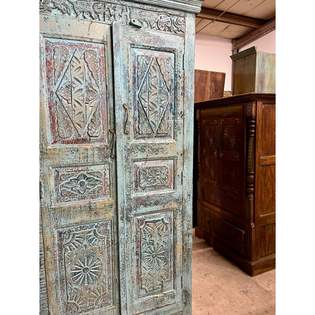 Wood Vintage Armoire Tall Artistic Carved Farmhouse Blue Patina Cabinet For Sale - Image 7 of 8