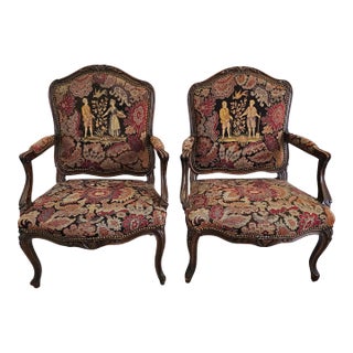 19th Century French Louis XV Style Mahogany and Needlepoint Tapestry Bergeres Fauteuils, Pair For Sale