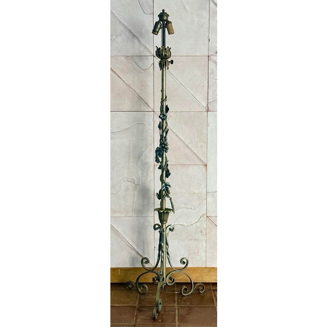 Vintage Sculptural Wrought Iron Two-Light Floor Lamp, Torchère With Grape Vine Entwined Column, Circa 1950s For Sale - Image 12 of 12