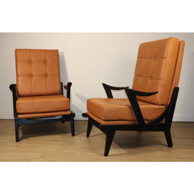 Vintage Armchair in Black Wood and Caramel Leather, 1950s For Sale - Image 15 of 18