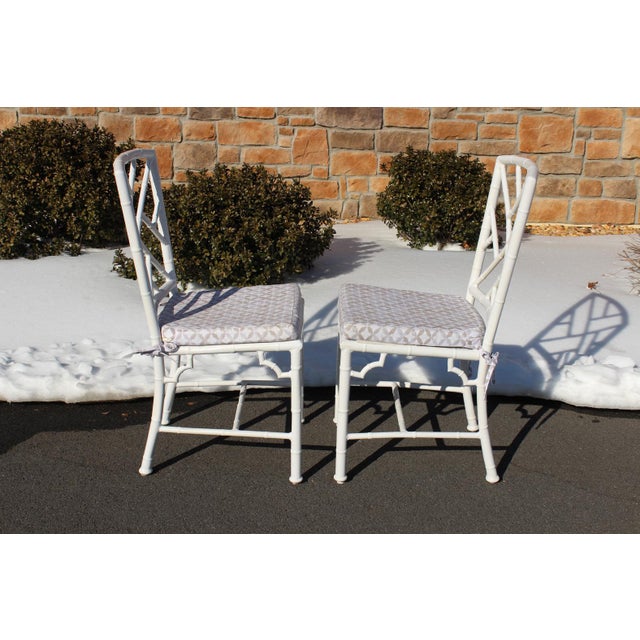 Hollywood Regency Chinoiserie Faux Bamboo Aluminum Patio Chairs—Set of 6 For Sale - Image 10 of 18