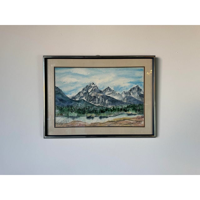 Mid-Century Modern 1980's Sheila W. Langlois " Shadows on the Tetons " Watercolor Landscape Painting, Framed For Sale - Image 3 of 12