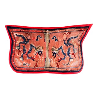 1930s Red Persimmon Dragon Antique Chinese Tibetan Saddle Cover Rug 2'6" X 4'2" Wool Carpet For Sale