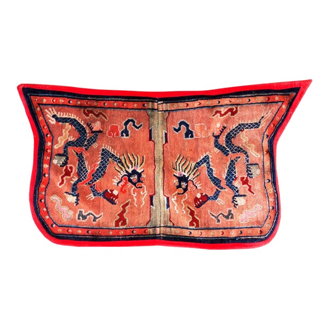 1930s Red Persimmon Dragon Antique Chinese Tibetan Saddle Cover Rug 2'6" X 4'2" Wool Carpet For Sale
