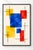 A bold blue rectangle anchors this midcentury modern abstract art print, with overlapping red and yellow geometric forms...