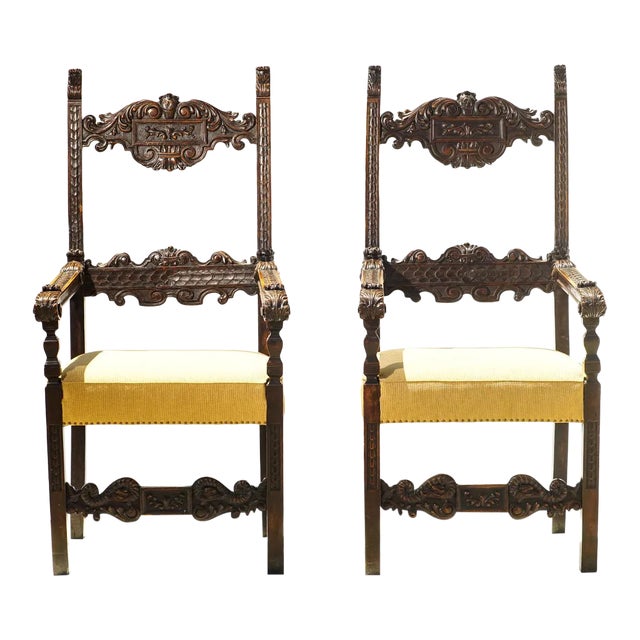 18th C. Italian Walnut Throne Chairs - a Pair For Sale