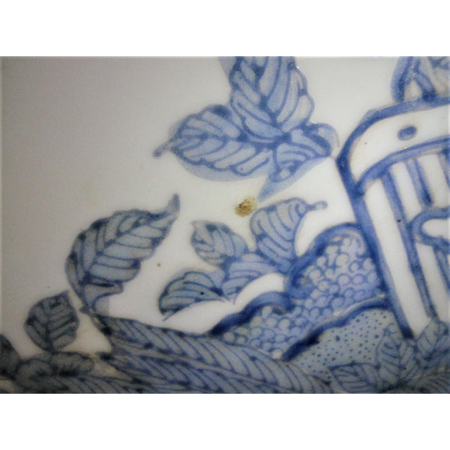 Large Vintage Chinese Porcelain Americana Theme Blue & White Shallow Bowl For Sale In Wichita - Image 6 of 10