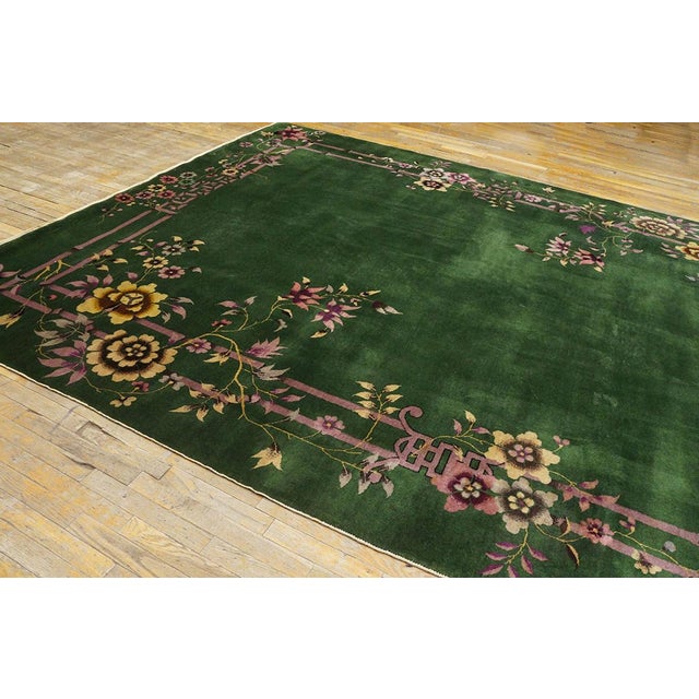 1920s Green Floral Modern Antique Chinese Art Deco Rug 9' X 11' 6" Handknotted Wool Carpet For Sale - Image 9 of 12