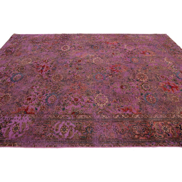 Antique Persian Overdyed Wool Rug With Floral Pattern in Purple For Sale In New York - Image 6 of 10