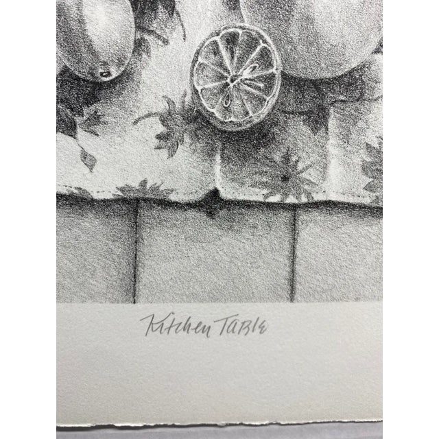 1979 Pat Hardy "Kitchen Table" contemporary realist still life with fruit and Asian porcelains. Pencil signed, titled, and...