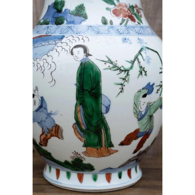 Ceramic 20th Century Chinese Wucai Porcelain Figural Vase with Scholars and Children For Sale - Image 7 of 18