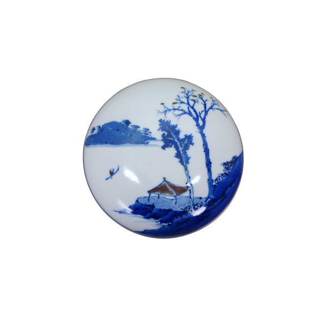 Chinese Antique Chinese Qing Blue & White Round Porcelain Ink Seal Paste Box 5" For Sale - Image 3 of 13