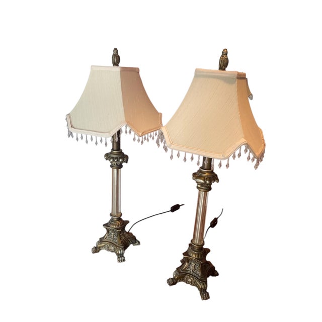 Metal Regency Style Table Lamps with Neoclassical Bases, Paw Feet and Cream Fabric Shades with Beaded Fringe, 1980, Set of 2 For Sale - Image 7 of 10