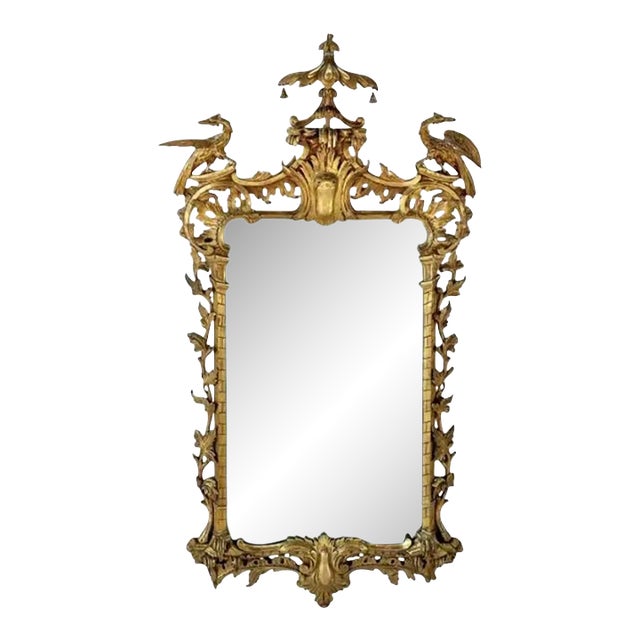 Chinese Chippendale Style Giltwood Mirror With Hoho Birds For Sale