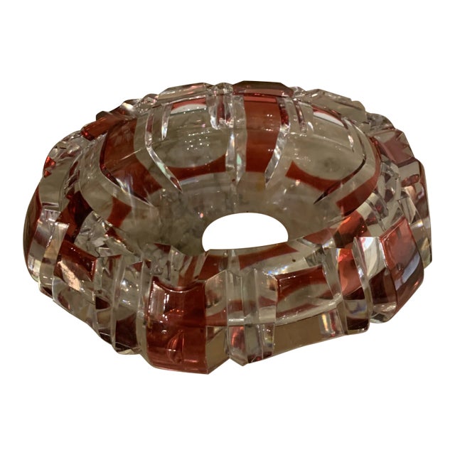 Vintage Mid Century Crystal Cranberry Glass Ashtray For Sale