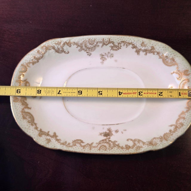 Antique Elite Works Limoges Two-Handled Gravy Boat - Celadon Dots and Gilded Scrolls For Sale In Portland, ME - Image 6 of 17