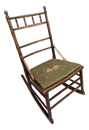 Antique 19th Century Victorian Bamboo-Style Rocking Chair With Needlepoint Seat