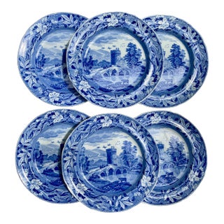 Spode 'Bridge of Lucano' Blue Transferware Dinner Plates Circa 1820 Set/6