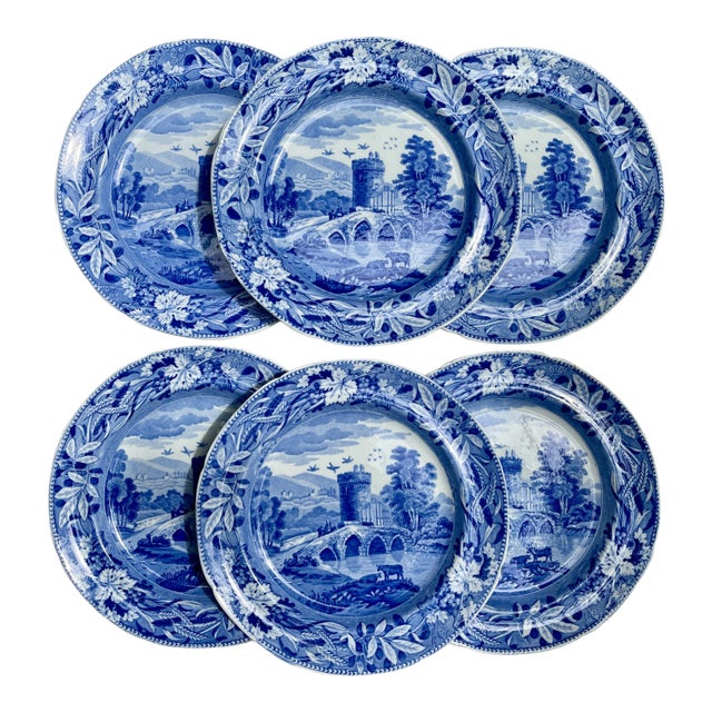 Spode 'Bridge of Lucano' Blue Transferware Dinner Plates Circa 1820 Set/6 For Sale