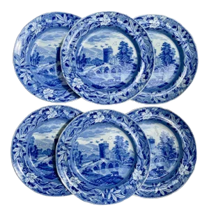 Spode 'Bridge of Lucano' Blue Transferware Dinner Plates Circa 1820 Set/6
