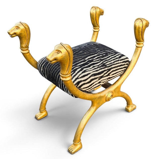 Mid 20th Century Egyptian Revival Gilded Horse-Head Curule Chair With Zebra Upholstery, Italy, 1970s–1980s For Sale - Image 5 of 10