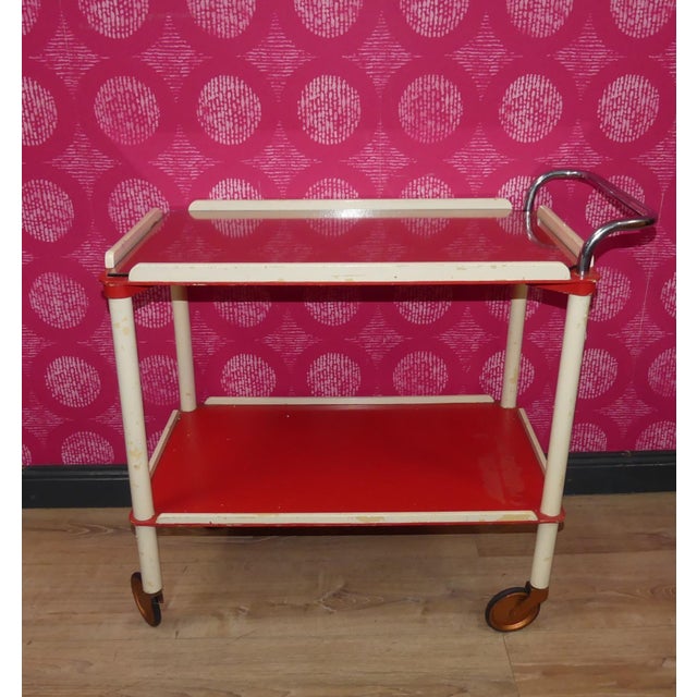 Wood Vintage Bar Cart Tea Cart Red-White Dinette, 1970s For Sale - Image 7 of 13