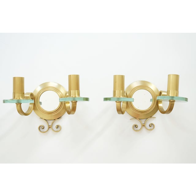 French Gilt-Bronze and Glass Sconces with Central Mirrors, 1940, Set of 2 For Sale - Image 10 of 10