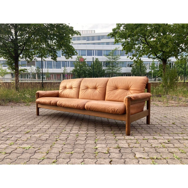 Wood Vintage Cognac Caramel Aniline Leather Sofa, 1970s For Sale - Image 7 of 18