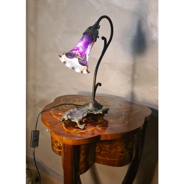 Gold Cast Iron Lamp with Patinated Bronze Finish and Painted Tulip Shade, 1975 For Sale - Image 8 of 11