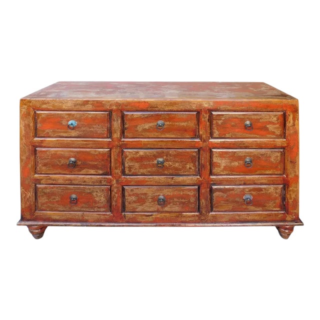 Chinese Distressed Orange Brown 9 Drawers Dresser Cabinet For Sale