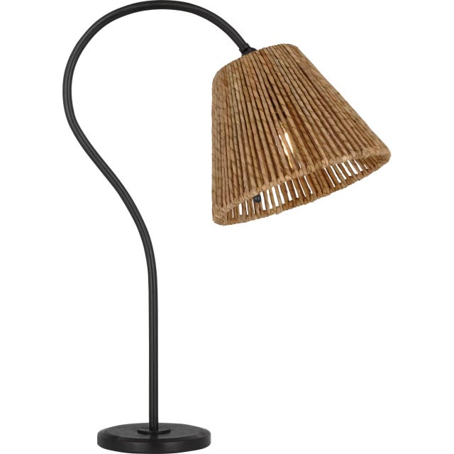 Transitional Amber Lewis by Visual Comfort Signature Dume 24" Arched Table Lamp in Aged Iron with Natural Abaca Shade For Sale - Image 3 of 3