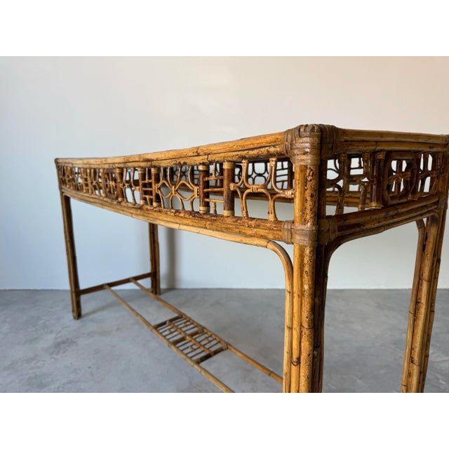 Vintage Bamboo & Leather Chinese Chippendale Fretwork Console Table With Parquet Top/Sold For Sale - Image 12 of 12