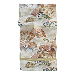 Japanese Silk Brocade Fukuro Obi Belt - Crane & Fan Motifs For Sale