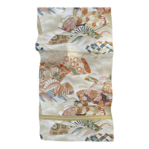 Japanese Silk Brocade Fukuro Obi Belt - Crane & Fan Motifs