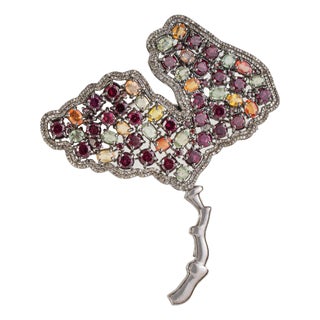 Tutti Frutti 8Ct Multi Gem & Diamond Ginkgo Leaf Brooch Pendant in Oxidized Sterling Silver For Sale