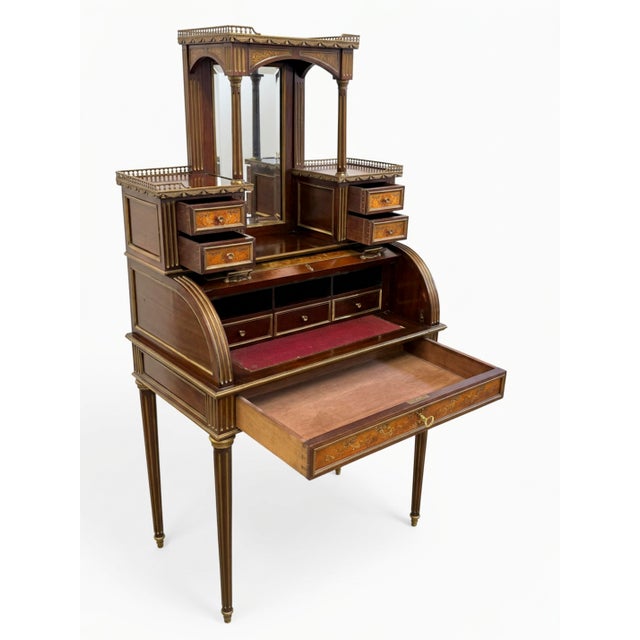 French Antique 19th Century French Louis XVI Style Vernis Martin Cylinder "Bonheur Du Jour" Ladies Writing Desk For Sale - Image 3 of 17