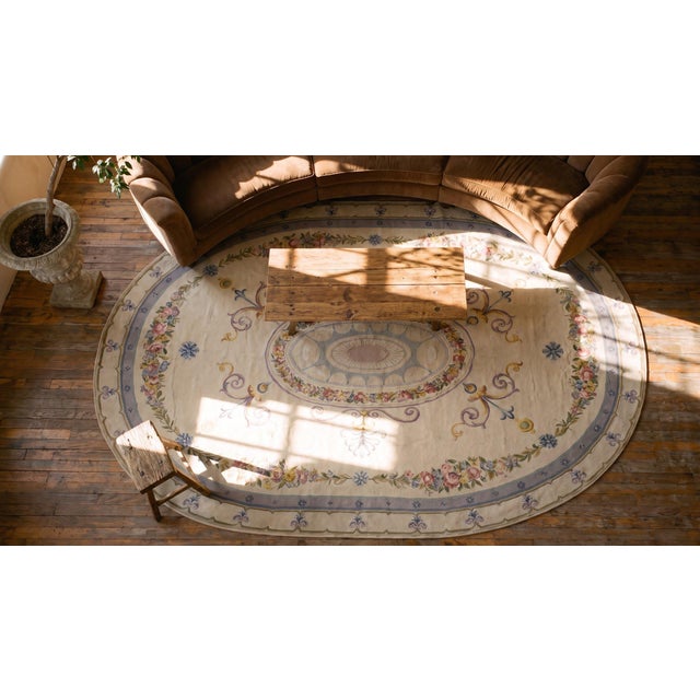 Exquisite Border Floral With White-Cream Background Color Oval French Neo Classical Aubusson Rug For Sale - Image 14 of 14