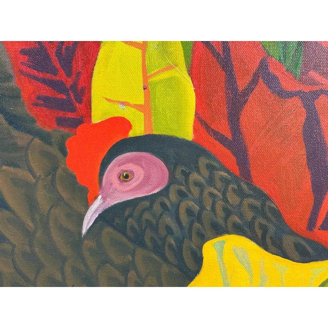2020s Marc Zimmerman "Lost and Found Chickens" Oil Painting, Tropical Chickens in Botanical Setting, Deep Green and Red, Contemporary Art West Coast For Sale - Image 5 of 11