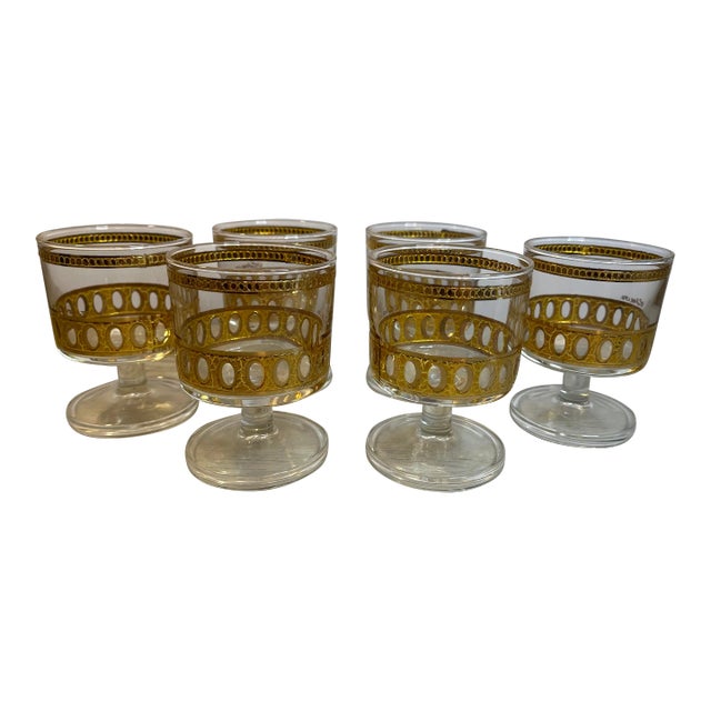 1960s Culver Antigua 22k Gold Mid-Century Cordial Glasses- Set of 6 For Sale