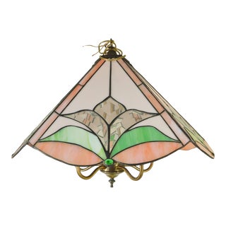 Vintage Mid Century Pink & Green Stained Glass & Brass 5 Light Chandelier For Sale