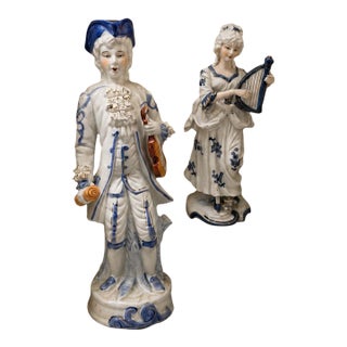 Vintage Italian Blue & White Porcelain Musical Figurines With Gold Accents, Pair For Sale