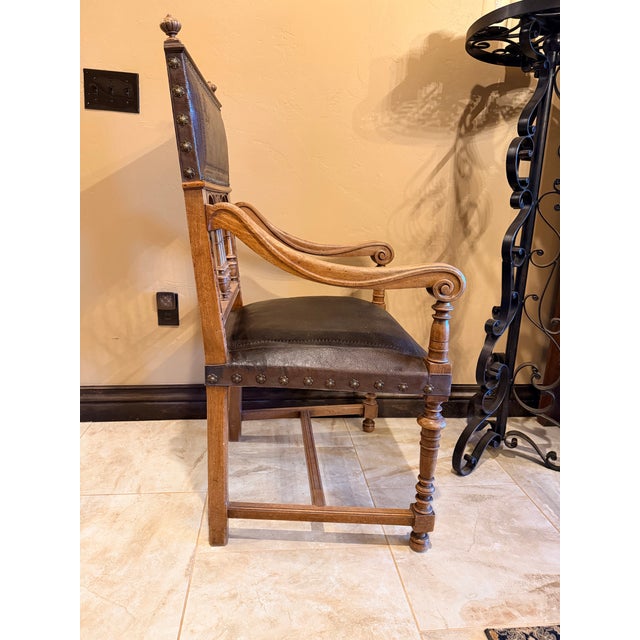Vintage Renaissance Revival Carved Wood and Embossed Leather Armchairs – A Pair For Sale - Image 4 of 11