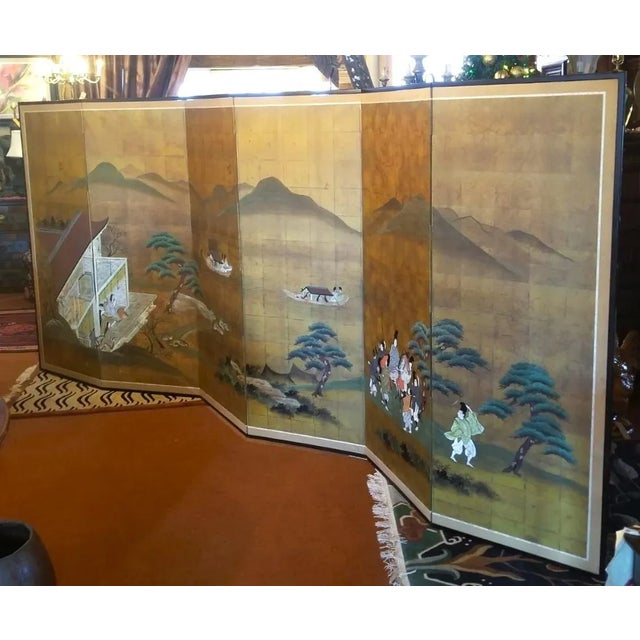 This beautiful - huge - 6-pannel folding screen depicts a scene in what we believe to be the Heian period of Japan. Each...