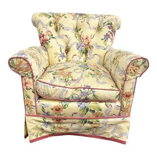 1960s White Floral Hickory Chair With Custom Fine Linen Upholstery For Sale