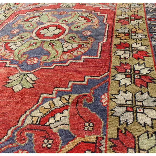 Vintage Turkish Oushak Rug in Red, Blue, and Green With Decorative Medallion For Sale - Image 4 of 7
